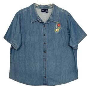 Vintage Denim Embroidered Button Shirt Women 2X Floral Short Sleeve Cottagecore